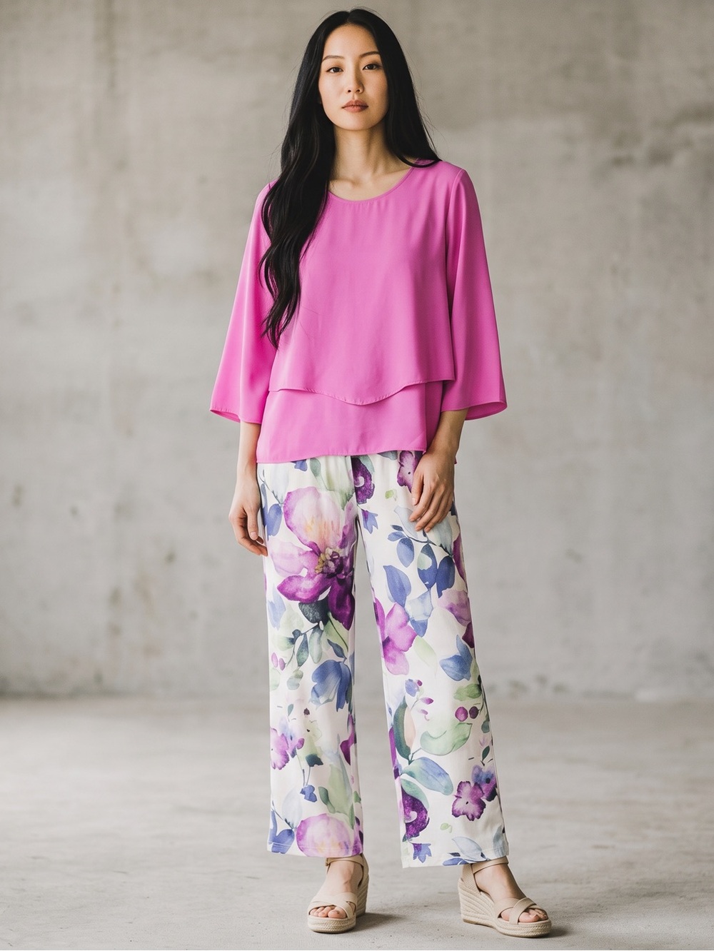 Women’s Blouse & Pant Set Mauve Tiered Top/Floral Pants Pink/Purple Size-L NEW